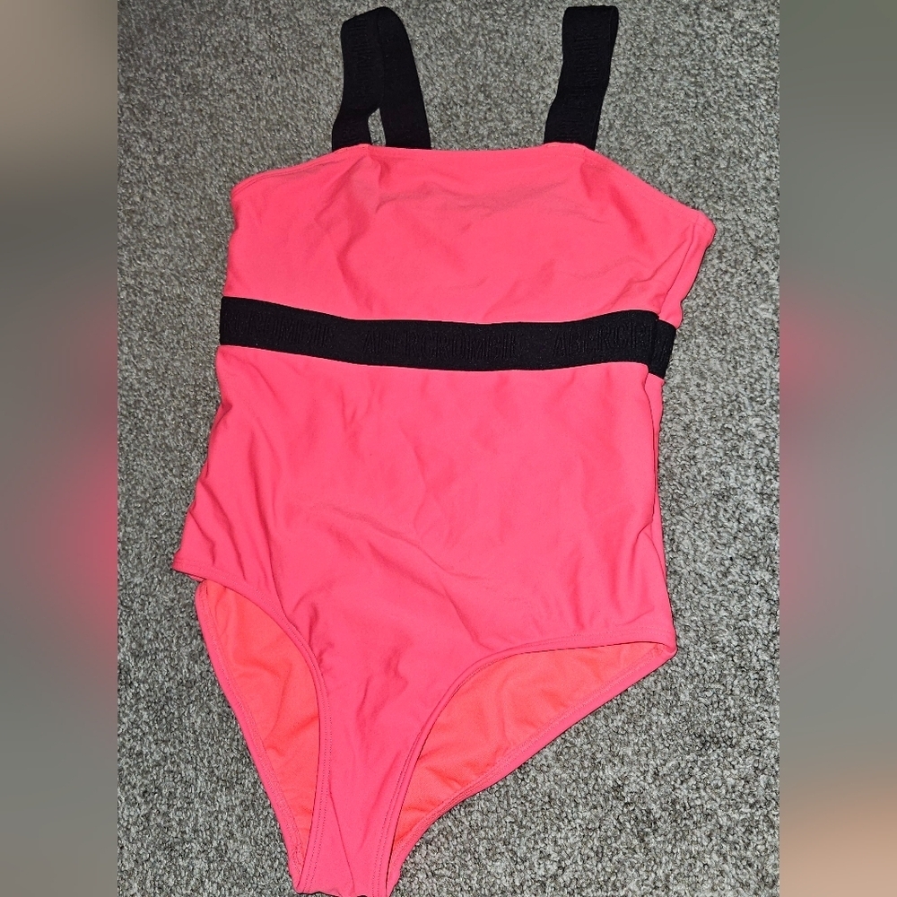 Girls Neon Coral Pink One Piece Swimsuit Size 9/10 Abercrombie Kids